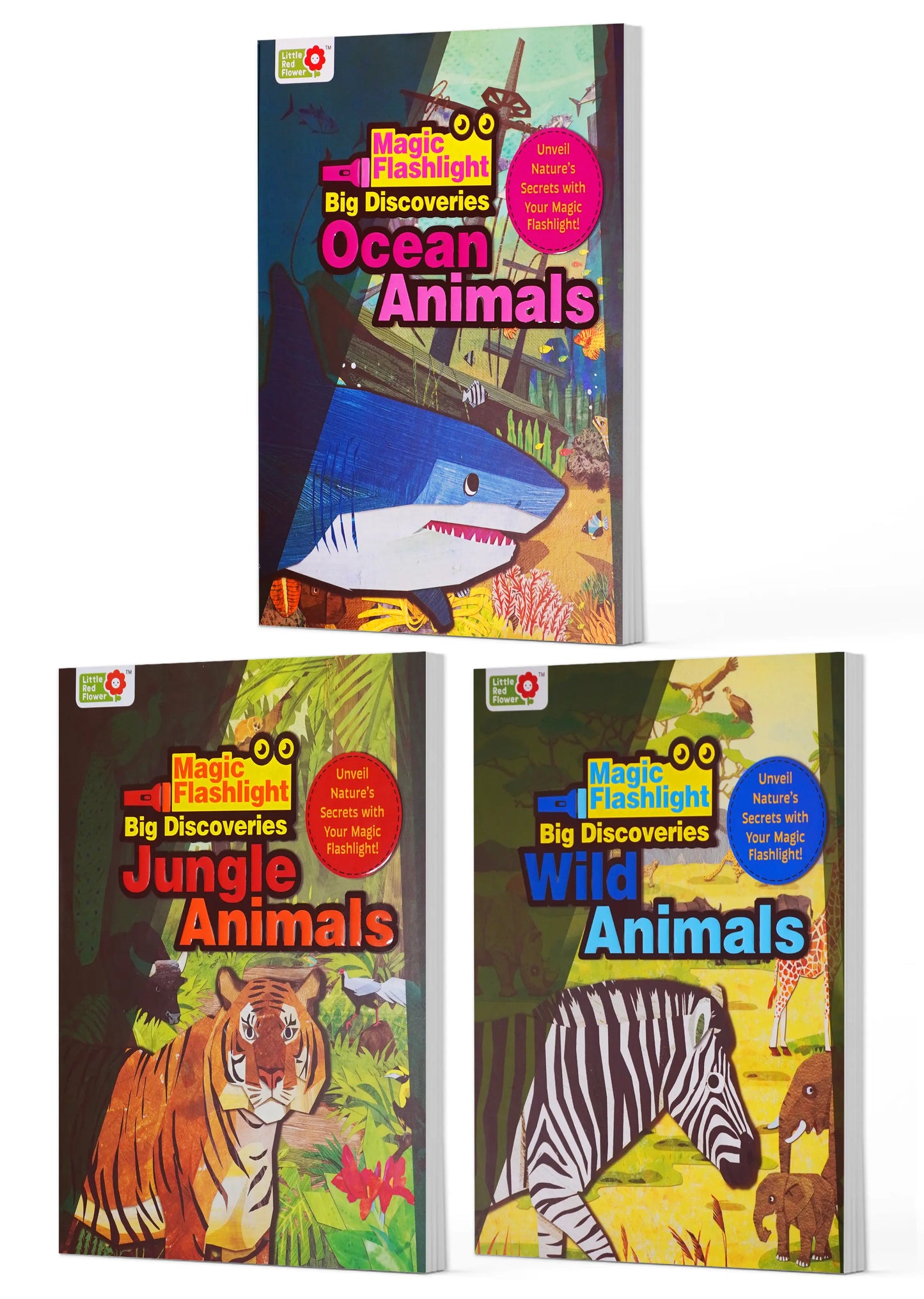 Oswaal Lil Legends Magic Flashlight Animal Discovery Pack - Ocean, Jungle and Wild Animals for Kids | Interactive Hidden Picture Books with Reveal Card and Interesting Facts | For Age 3+
