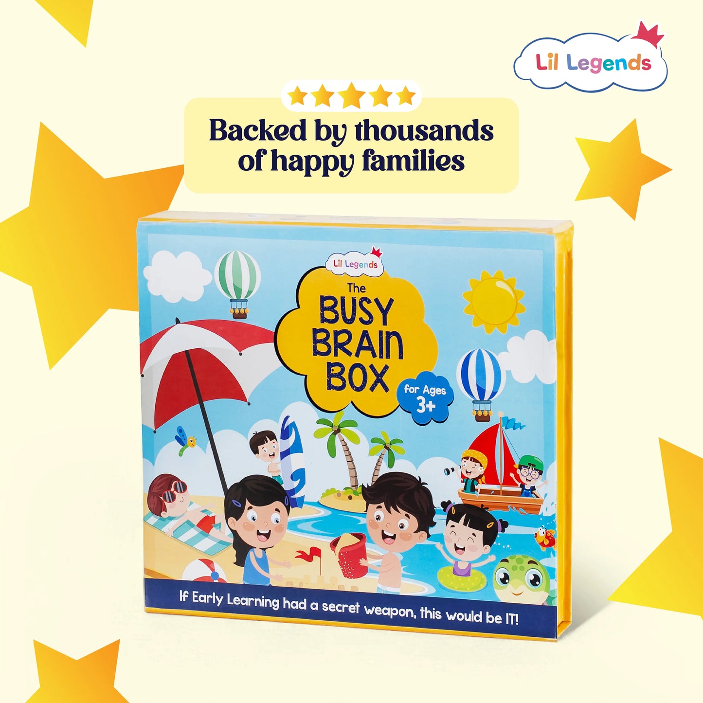 Lil Legends The Busy Brain Box for Kids - 11-in-1 Learning Kit | Gift Box Set | Sticker Books, Moral Stories, Pencil Control, Colouring and Activity Books | Age 3+