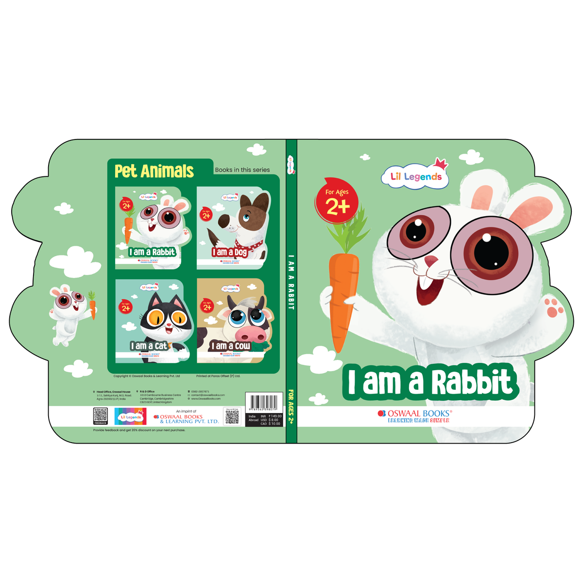 Lil Legends Shaped Board Book - Pet Animals: Rabbit | Rabbit-Shaped Picture Book for Kids Age 2+ Years | Early Learning Book with Colourful Illustrations for Toddlers & Preschoolers