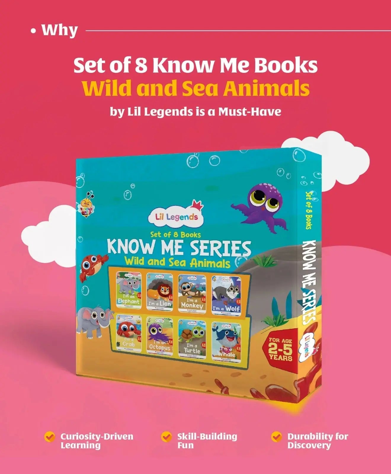 Lil Legends Set of 8 Books, Know Me Series Wild and Sea Animals | Gift Box Set for Kids | Wolf, Monkey, Lion, Elephant, Whale, Turtle, Octopus, Crab | Picture Stories | Age 2-5Β