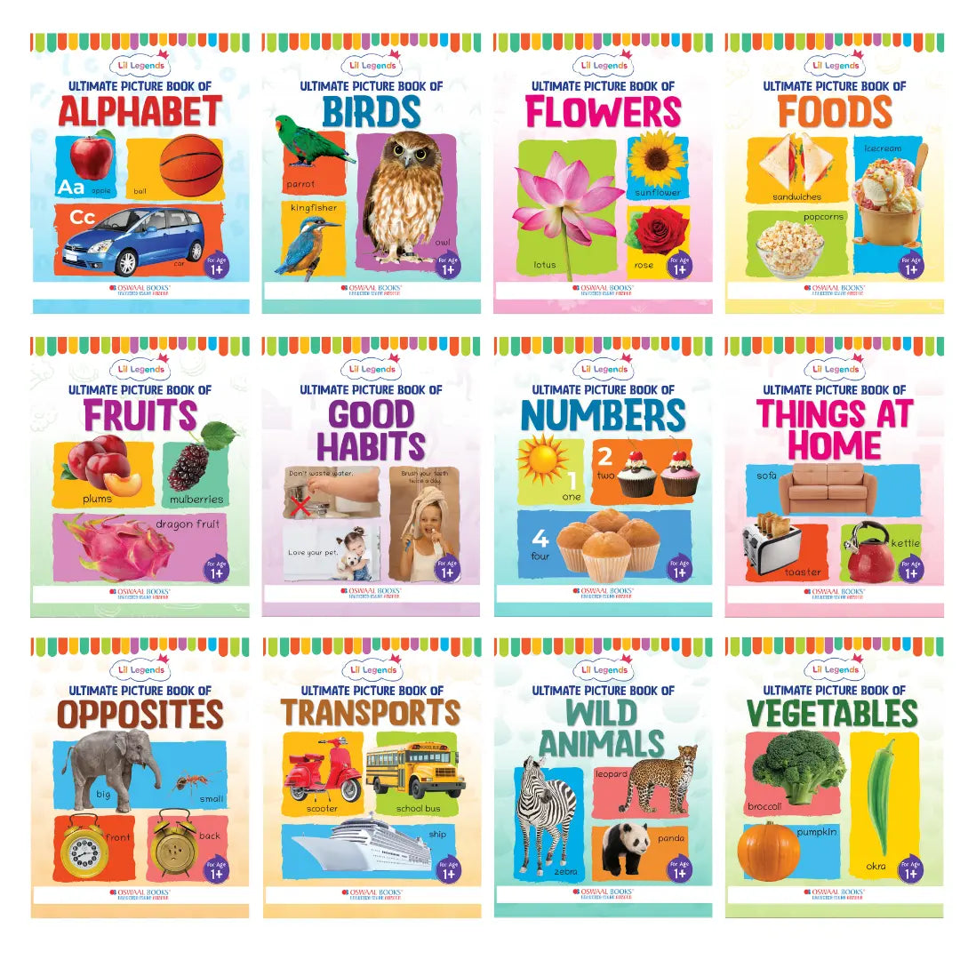 Lil Legends Set of 12 Picture Books - Early Learning Collection for Kids Age 1+ Years | Alphabet, Numbers, Birds, Flowers, Foods, Fruits, Vegetables, Wild Animals, Good Habits & Many More 
