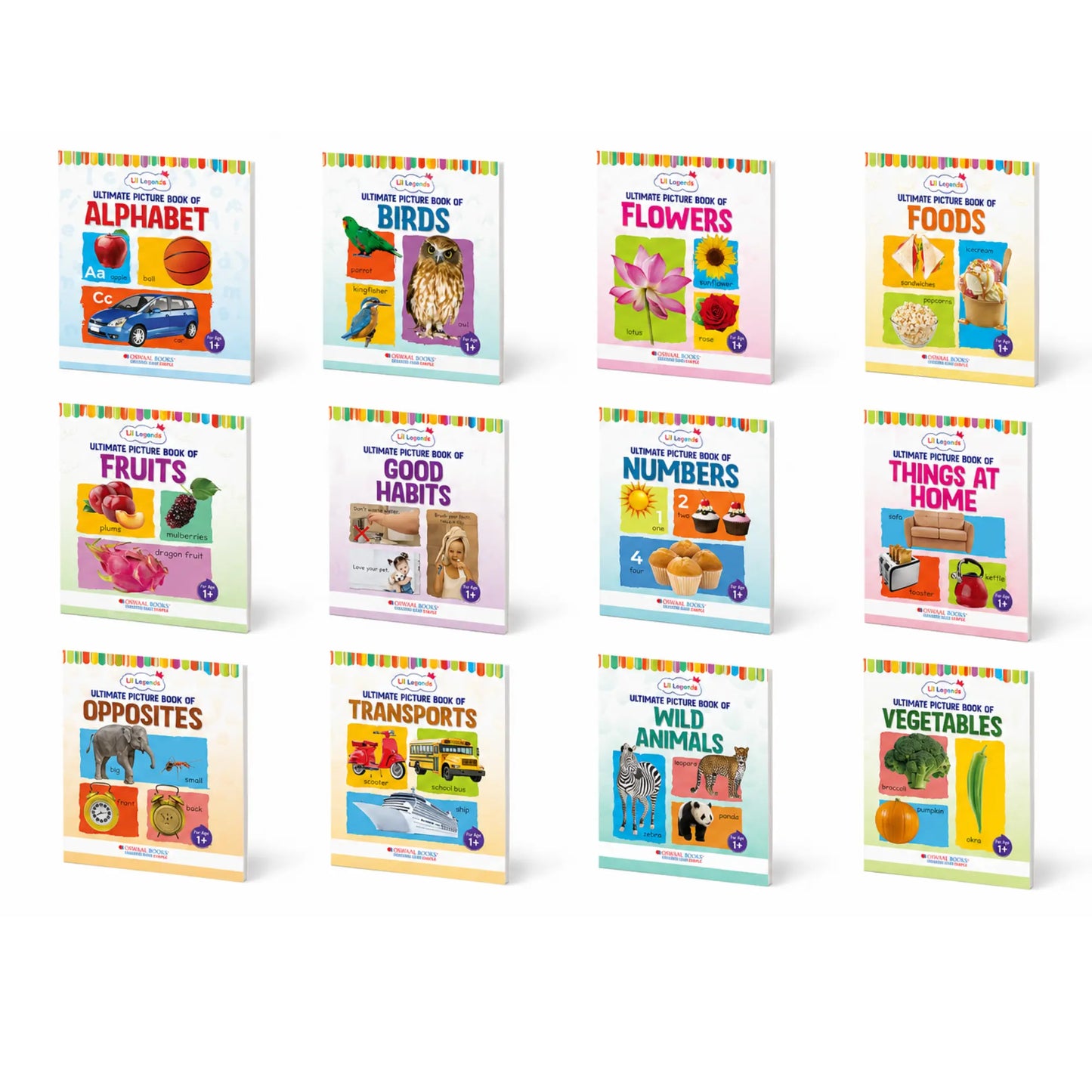 Lil Legends Set of 12 Picture Books - Early Learning Collection for Kids Age 1+ Years | Alphabet, Numbers, Birds, Flowers, Foods, Fruits, Vegetables, Wild Animals, Good Habits & Many More 
