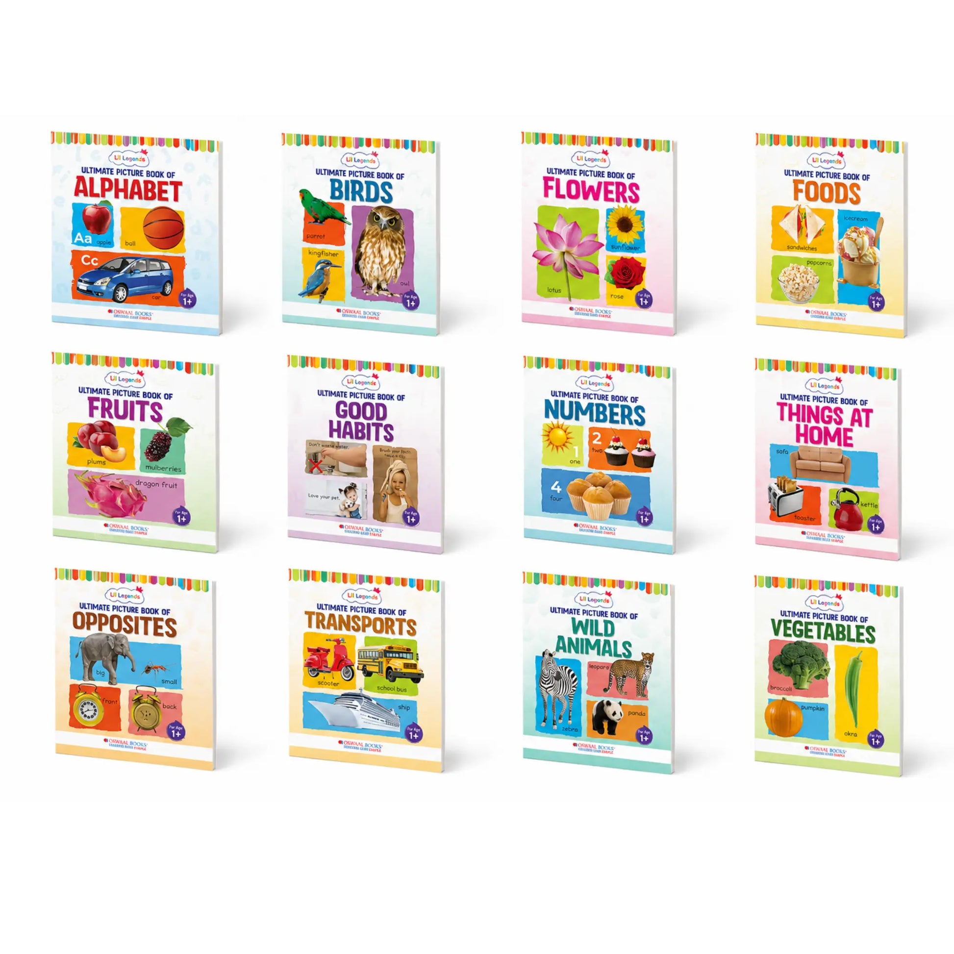 Lil Legends Set of 12 Picture Books - Early Learning Collection for Kids Age 1+ Years | Alphabet, Numbers, Birds, Flowers, Foods, Fruits, Vegetables, Wild Animals, Good Habits & Many More 
