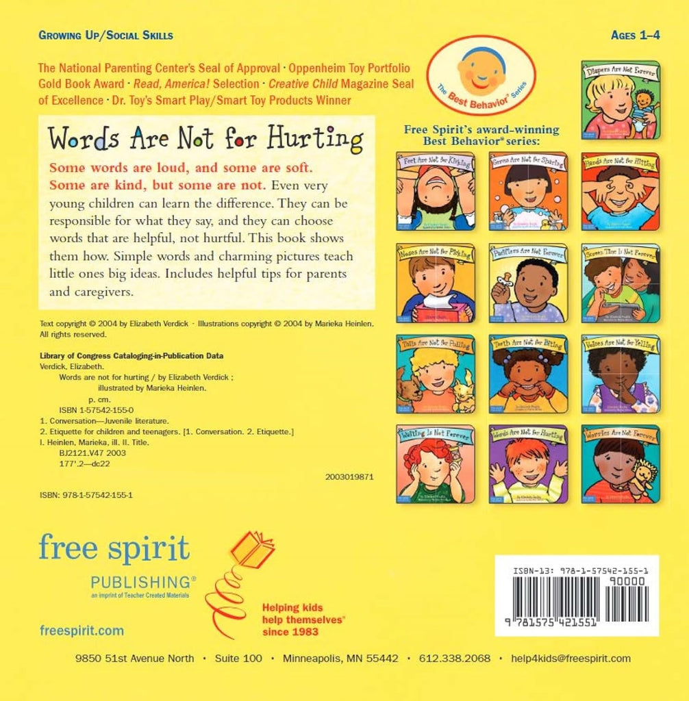 Words Are Not for Hurting (Best Behaviour Series) — Gentle Board Book for Toddlers (Ages 1-4 yrs) | Build Kind Words & Strong Relationships | by Free Spirit Publishing