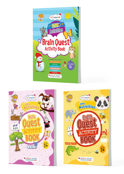 Lil Legends 250 Activities Books Set of 3 Books for Kids Age 3+ | English, Maths and Brain Quest | 750+ Fun Exercises | Drawing, Colouring, Reasoning, Numbers and Alphabet | For LKG/UKG 