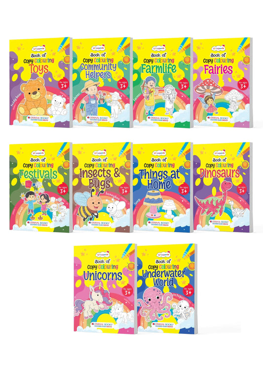 Lil Legends Colour the World Copy Colouring Books for Kids | Pack of 10 Books | Dinosaurs, Unicorns, Festivals, Community Helpers & More | Fine Motor Skills | Age 3+Years