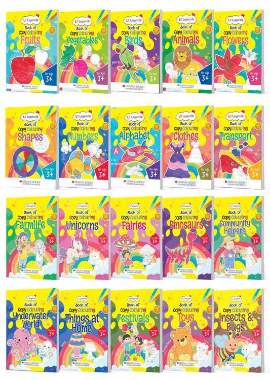 Lil Legends Copy Colouring 20-Book Bundle for Kids | Early Learning Activity Books | Vegetables, Animals, Shapes, Dinosaurs, Unicorns & More | Fine Motor Skills | Age 3+ Years