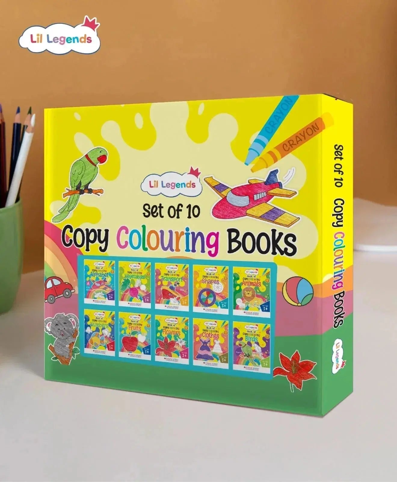 Lil Legends Set of 10 Copy Colouring Books for Kids | Box Set of 10 Books | Alphabet, Numbers, Shapes, Fruits and More | Focus and Vocabulary Building | For Nursery/LKG/UKG | Age 3+