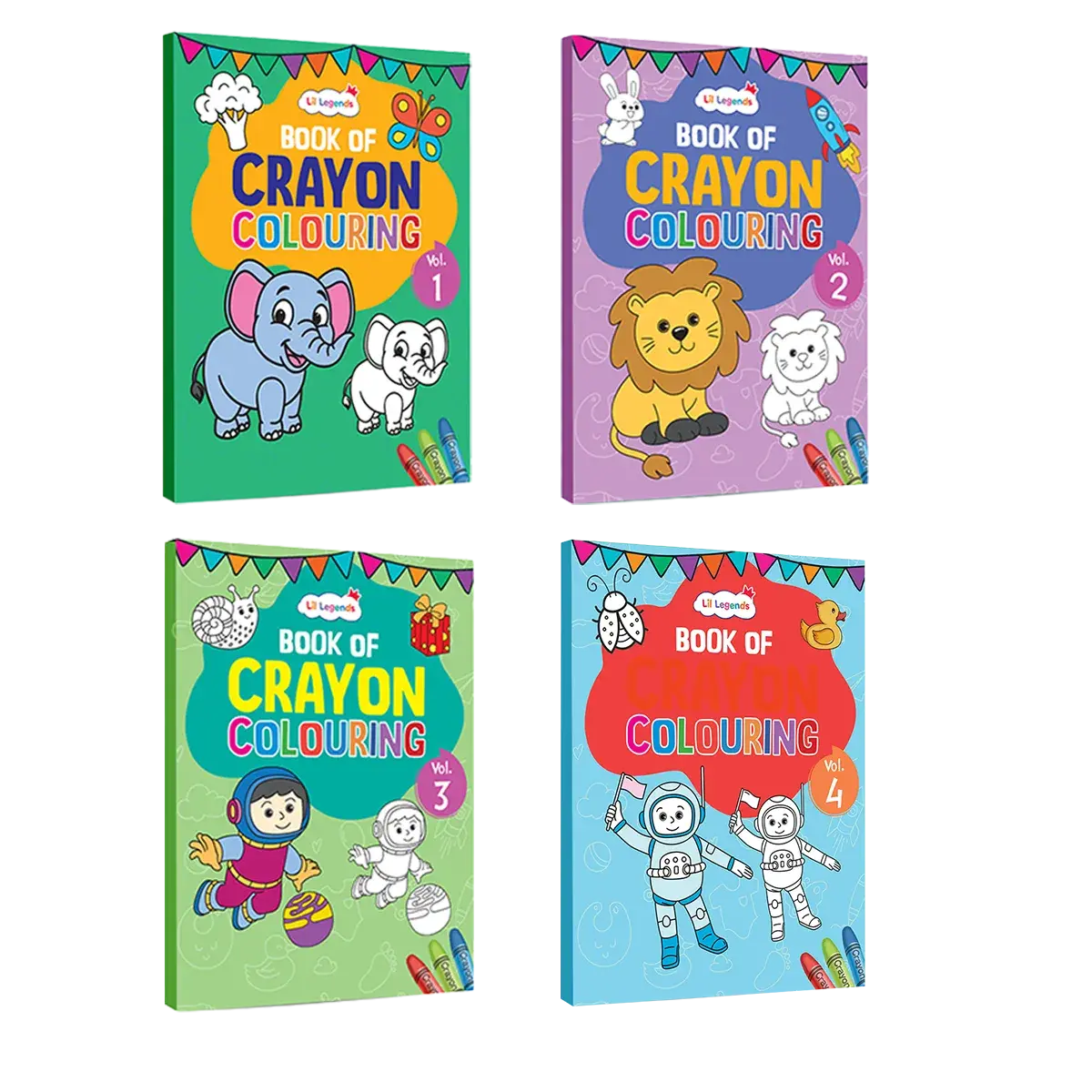 Lil Legends Books Of Crayon Colouring Vol 1-4 Set of 4 | Boosts Focus, Colour Recognition and Creativity | Fun Activity Books With Bold Outlines | For Nursery/LKG/UKG | Age 3+ 