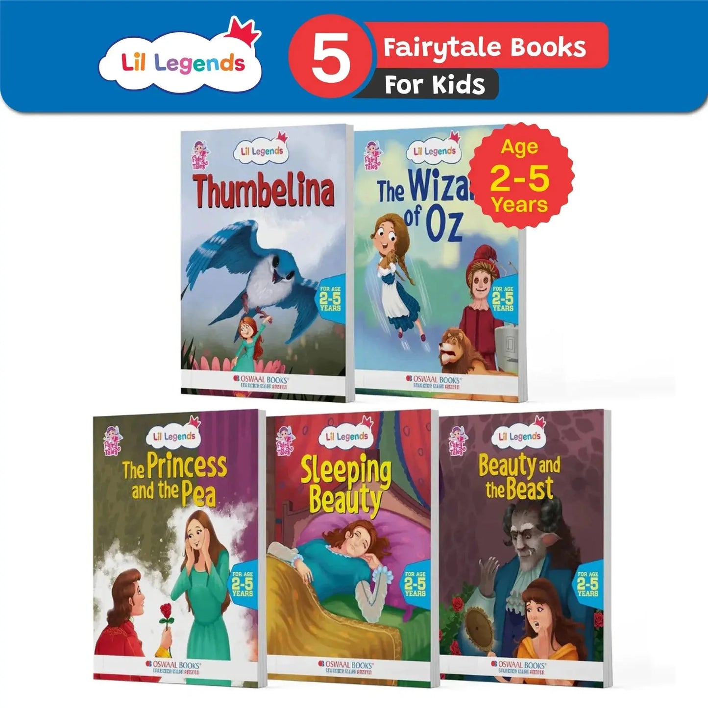 Lil Legends Fairy Tales for Kids | Set of 5 Books | Thumbelina, Wizard of Oz, Princess & the Pea, Sleeping Beauty & Beauty & the Beast | Bed Time Story | Ages 2–5