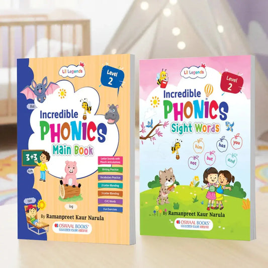 Lil Legends Incredible Phonics Level 2 for Kids Age 4-6 Years | Set of 2 Books – Main Book + Sight Words | CVC, Blending & High Frequency Words | UKG Reading Fluency Workbook