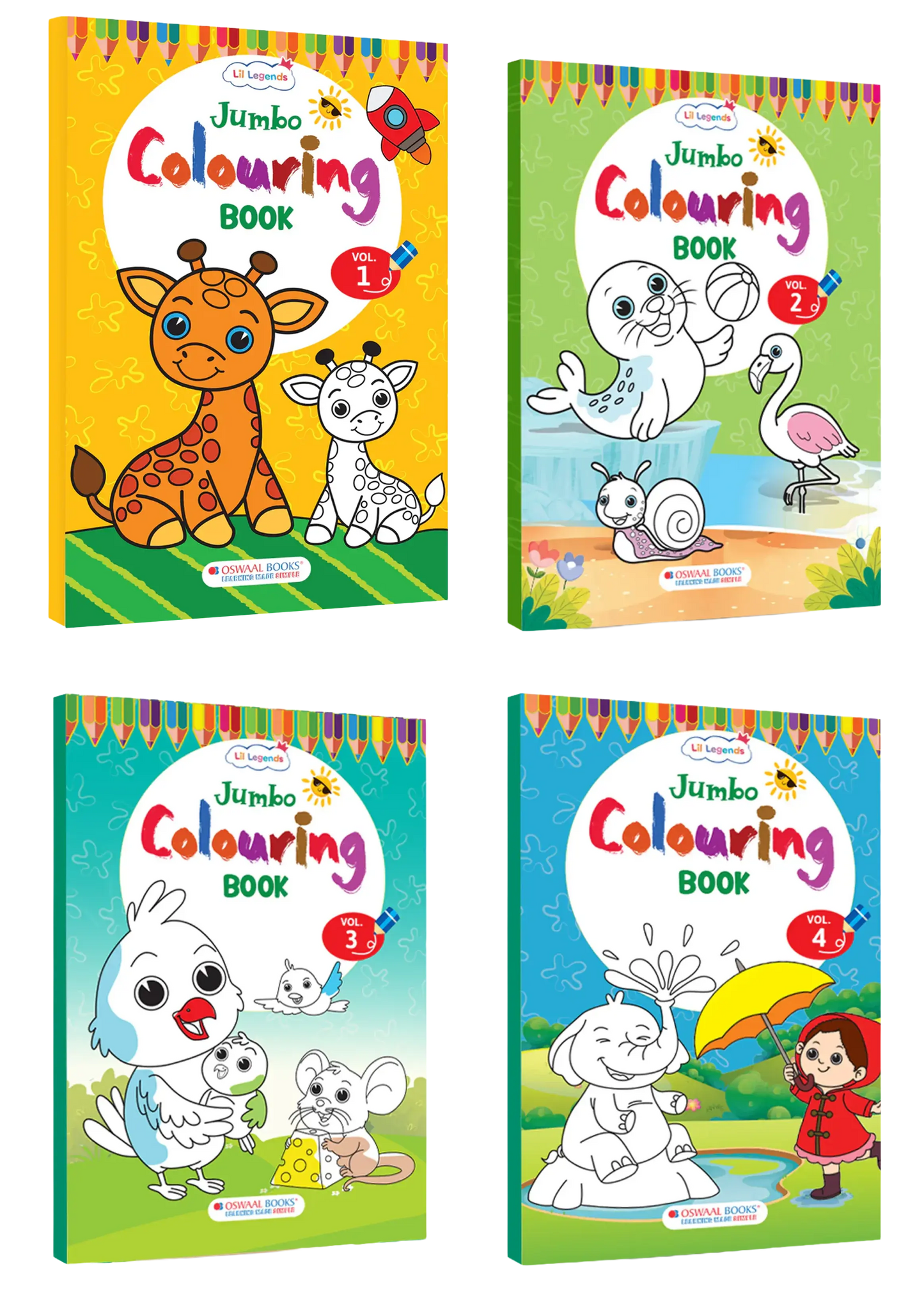 Lil Legends Jumbo Colouring Books for Kids Age 3-7 Years | Set of 4 Volumes – 200+ Bold Outline Illustrations | Animals, Nature, Vehicles & Scenes | Creativity & Fine Motor Skills Activity Book