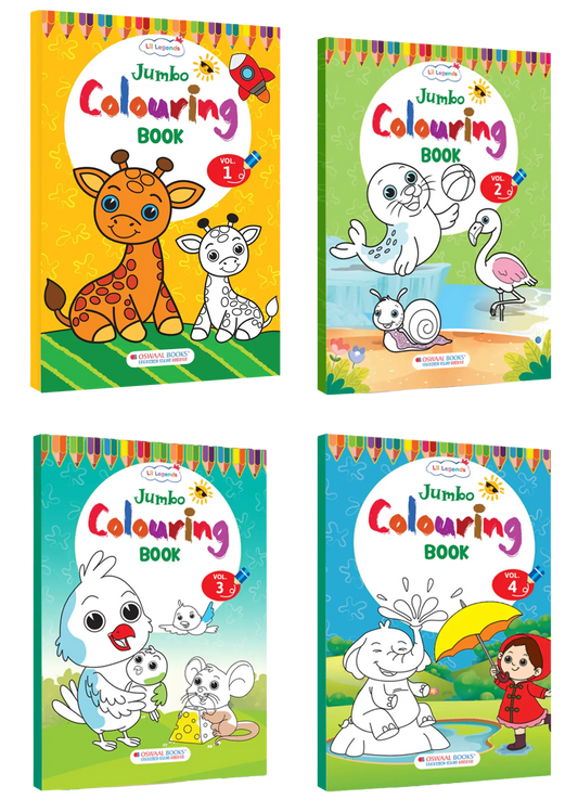 Lil Legends Jumbo Colouring Books for Kids Age 3-7 Years | Set of 4 Volumes – 200+ Bold Outline Illustrations | Animals, Nature, Vehicles & Scenes | Creativity & Fine Motor Skills Activity Book