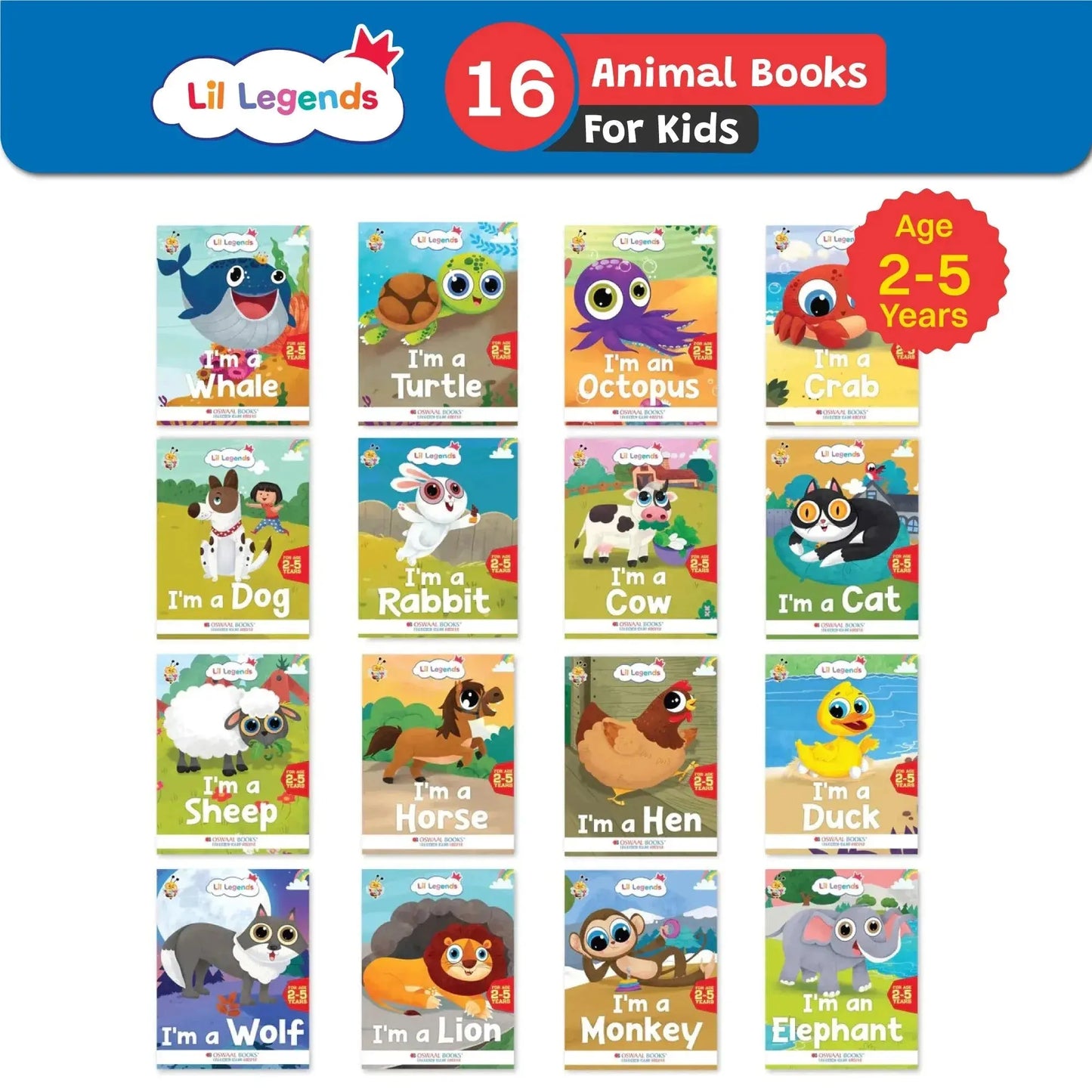 Lil Legends Know Me Series for Kids | Set of 16 Books | Sea, Pet, Wild & Farm Animals | Crab, Octopus, Cat, Cow, Lion, Monkey, Duck, Hen & More | Illustrated Picture Books | Age 2+ Years