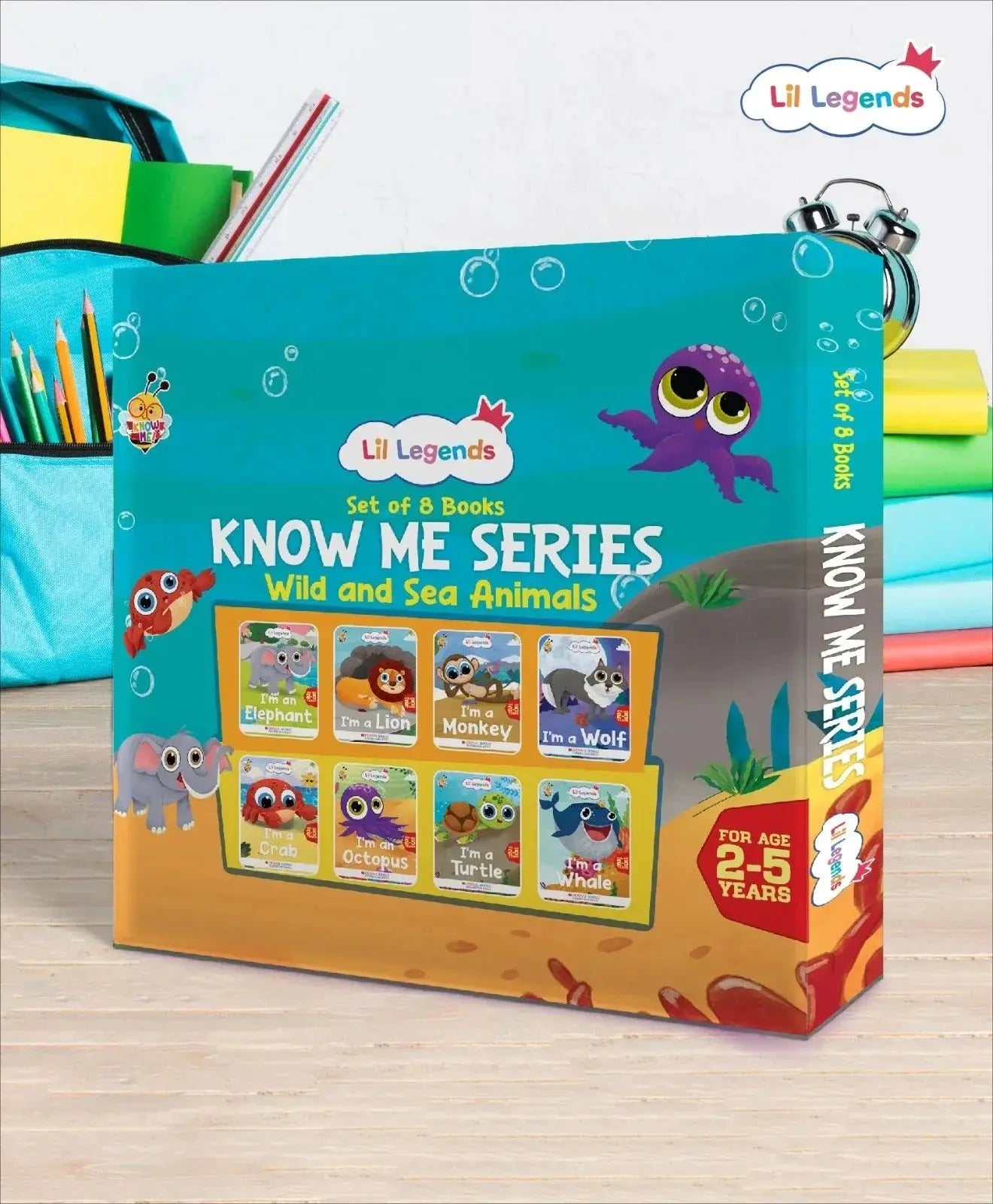 Lil Legends Set of 8 Books, Know Me Series Wild and Sea Animals | Gift Box Set for Kids  | Wolf, Monkey, Lion, Elephant, Whale, Turtle, Octopus, Crab | Picture Stories | Age 2-5