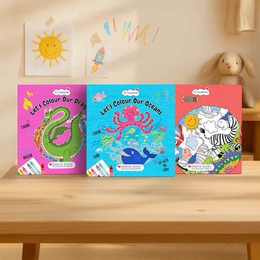 Lil Legends Let's Colour Wild & Wonderful Worlds for Kids | Pack of 3 Colouring Books | Animals, Ocean & Dragons Themes | Paperback With Hardboard Support | Age 3+ Years | Travel-Friendly Set