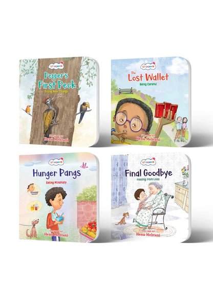Lil Legends Mindful Moments Series -  Pepper's Peck, Lost Wallet, Hunger Pangs and Final Goodbye | Set of 4 Books for Kids | Illustrated Stories to Build Courage and Resilience | Age 5+ 