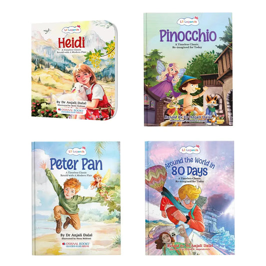 Lil Legends Re-Imagined Classics - Illustrated Classic Story Books Set of 4 - Heidi, Pinocchio, Peter Pan & Around the World in 80 Days | Timeless Tales Retold for Young Readers | Age 7+ Years