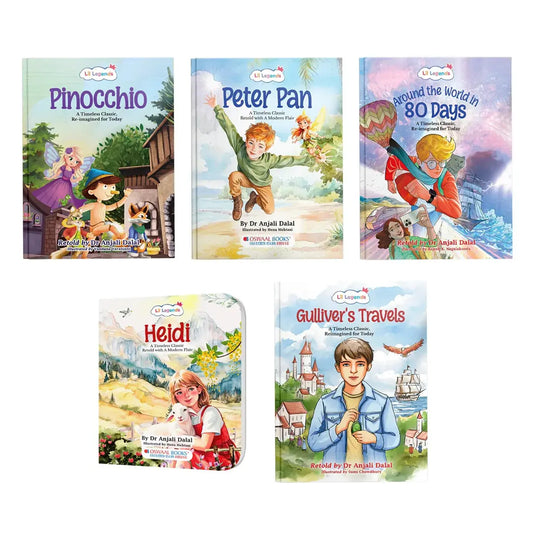 Lil Legends Re-Imagined Classics Complete Collection Set of 5 Illustrated Story Books for Kids - Heidi, Pinocchio, Peter Pan, Gulliver's Travels & Around the World in 80 Days | Age 7+ Years