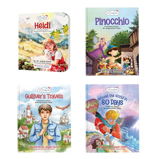 Lil Legends Re-Imagined Classics Set of 4 Illustrated Story Books - Heidi, Pinocchio, Gulliver's Travels & Around the World in 80 Days | Timeless Tales for Young Readers | Age 7+ Years