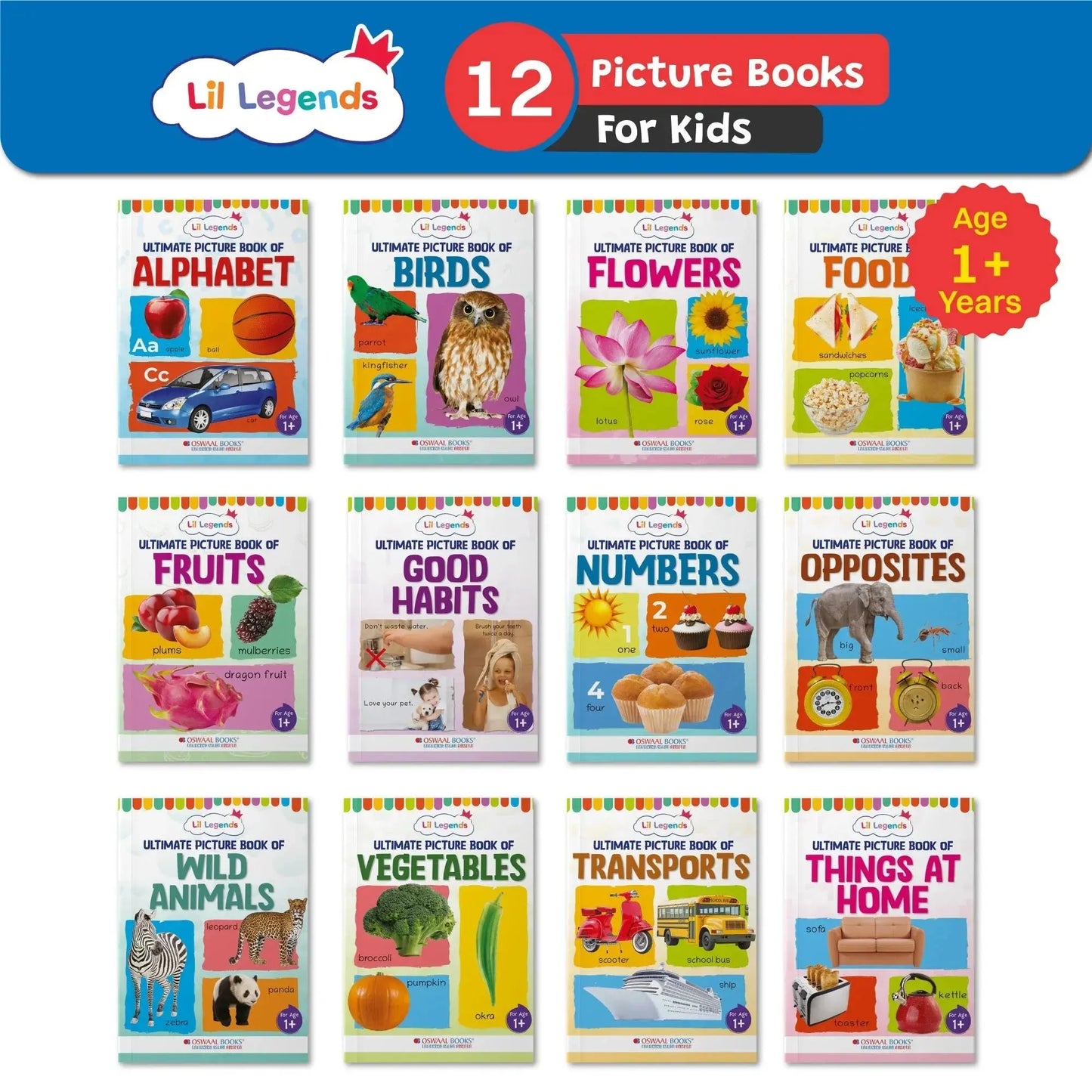 Lil Legends Set of 12 Picture Books - Early Learning Collection for Kids Age 1+ Years | Alphabet, Numbers, Birds, Flowers, Foods, Fruits, Vegetables, Wild Animals, Good Habits & Many More
