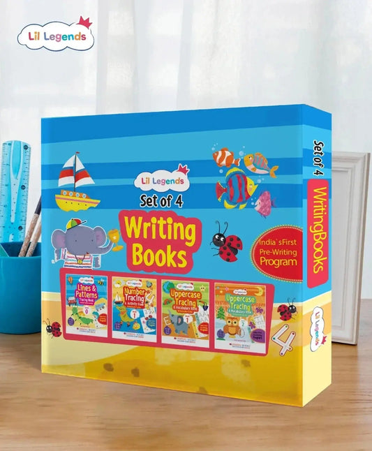 Lil Legends Writing Practice Books Gift Set - Boxset of 4 Books for Kids Age 2-5 Years | Tracing Lines, Numbers, Uppercase Letters & Vocabulary | Early Writing Workbook for Nursery & Preschool