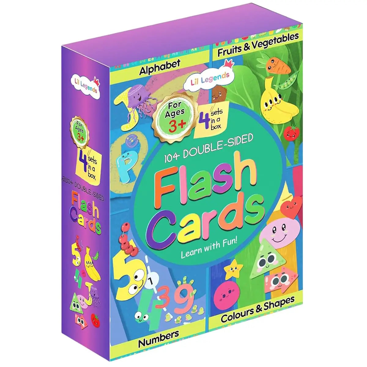 Lil Legends 104 Double-sided Flash Cards, 4 Sets In A Box for Kids | Alphabets, Numbers, Shapes and Colours, Fruits and Vegetables | Early Learning and Fun Activity Cards | Age 3+ 