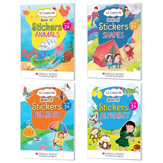 Oswaal Lil Legends Books of Stickers for Kids | Set of 4 Sticker Activity Books | Shapes, Numbers, Animals & Alphabets | Age 3+ Years | Early Learning Fun