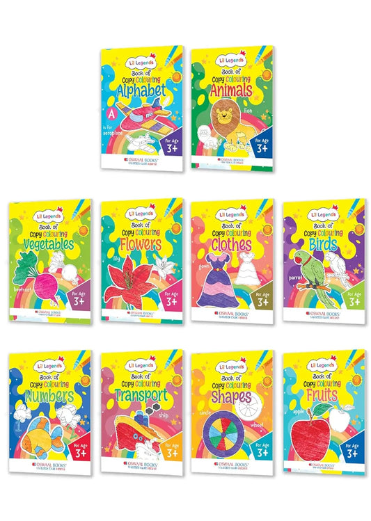 Oswaal Lil Legends Books of Copy Colouring for Kids | Set of 10 Books | Vegetables, Transport, Shapes, Numbers, Fruits, Flowers, Clothes, Birds, Animals & Alphabets | Age 3+