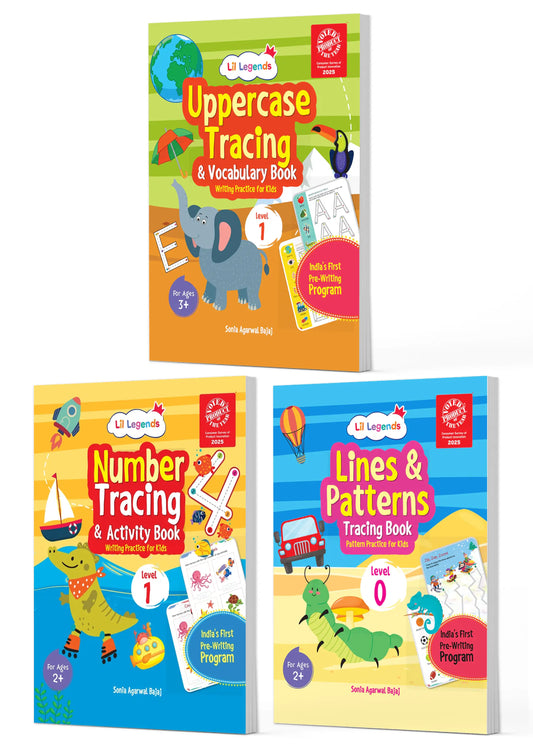 Lil Legends Early Writing Readiness | Set of 3 Books | Lines and Patterns + Number Tracing + Uppercase Tracing and Vocabulary | India's First Pre-Writing Programme | Age 2-5 