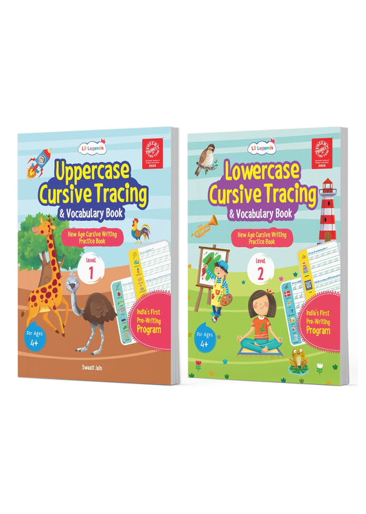 Lil Legends Cursive Writing Starter Pack | Set of 2 Books | Uppercase Level 1 and Lowercase Level 2 | Three Line Handwriting and Vocabulary Practice | For LKG/UKG | Age 4+ 