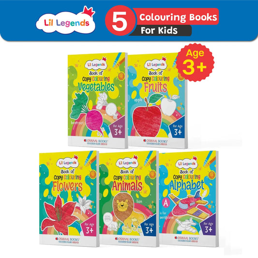 Oswaal Lil Legends Book of Copy Colouring for Kids | Set of 5 Activity Books | Vegetables, Fruits, Flowers, Animals & Alphabets | Age 3+ Years | Early Learning Colouring Fun
