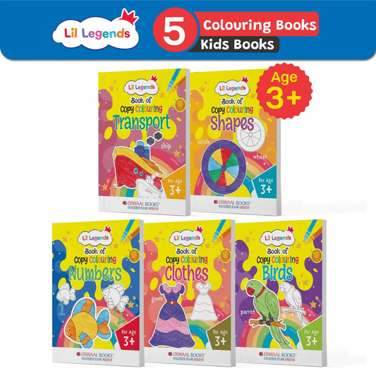 Oswaal Lil Legends Book of Copy Colouring for Kids | Set of 5 Colouring Activity Books | Transport, Shapes, Numbers, Clothes & Birds | Age 3+ Years | Early Learning Colouring Fun