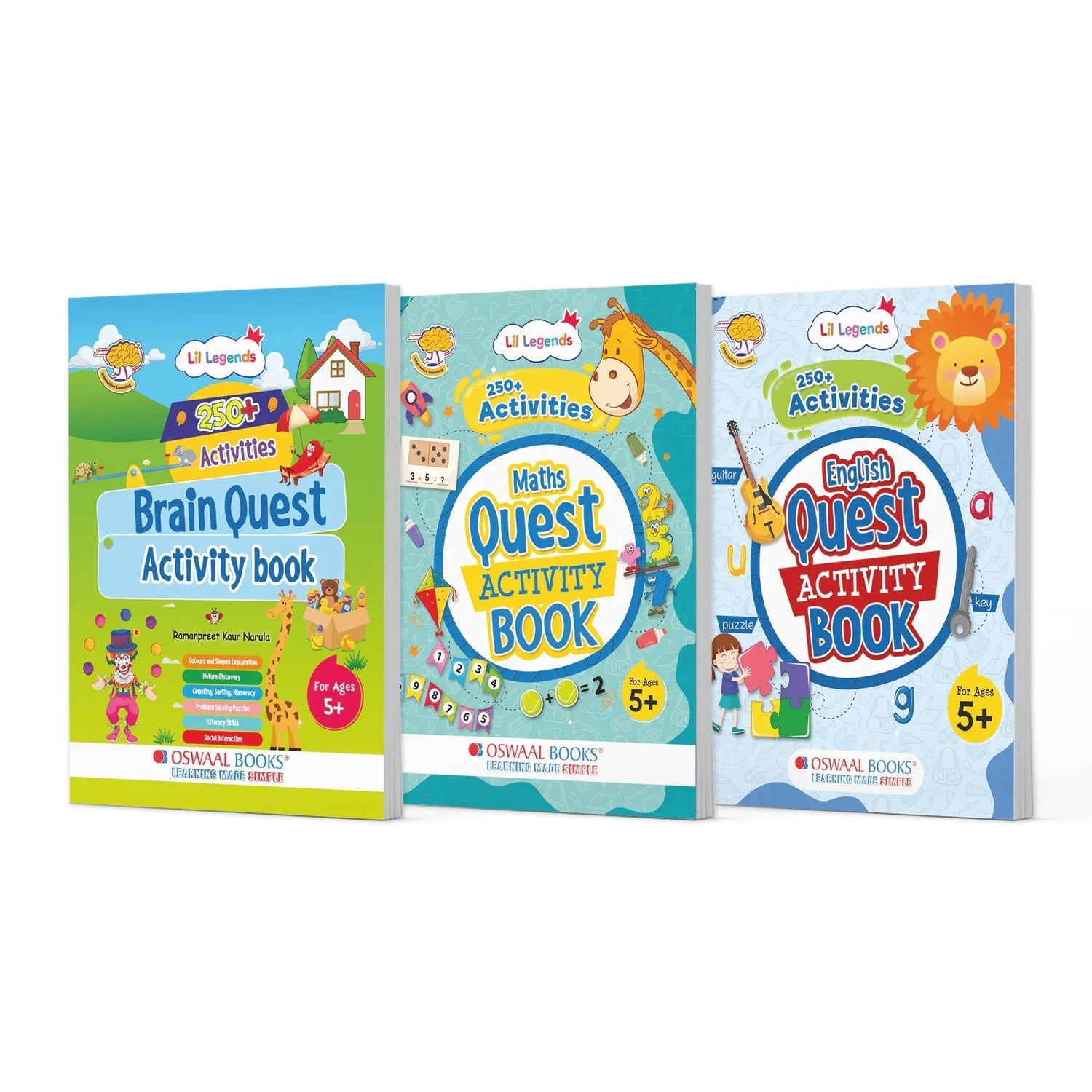 Lil Legends Brain, Maths & English Activity Book Set (3 Books) | 750+ Fun Exercises for Kids (Age 5+) | Tracing, Logical Thinking & Language Skills - Oswaal Books