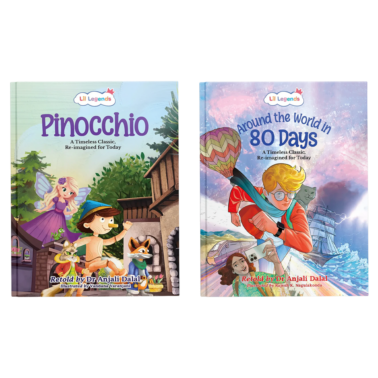 Lil Legends Re-Imagined Classics: Illustrated Classic Story Books for Kids – Pinocchio & Around the World in 80 Days (Set of 2) 
