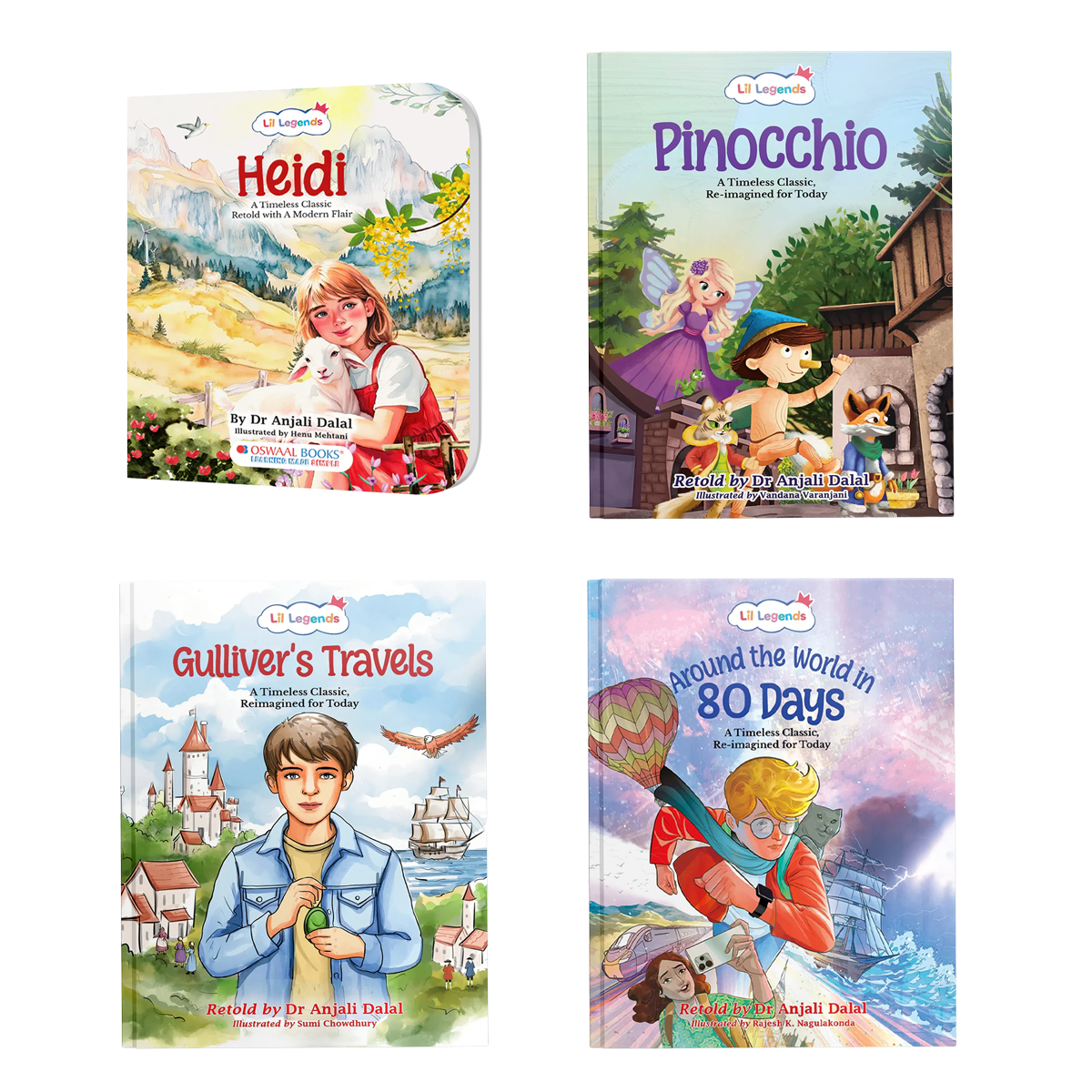 Lil Legends Re-Imagined Classics: Illustrated Classic Story Books for Kids – Heidi, Pinocchio, Gulliver’s Travels & Around the World in 80 Days (Set of 4) 