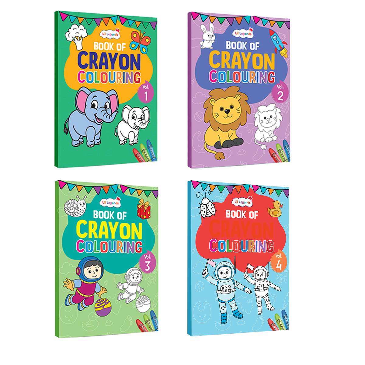 Crayon Colouring Book Set of 4 (Vol 1–4) for Kids Age 3+ | Early Learning Activity Books | by Lil Legends 