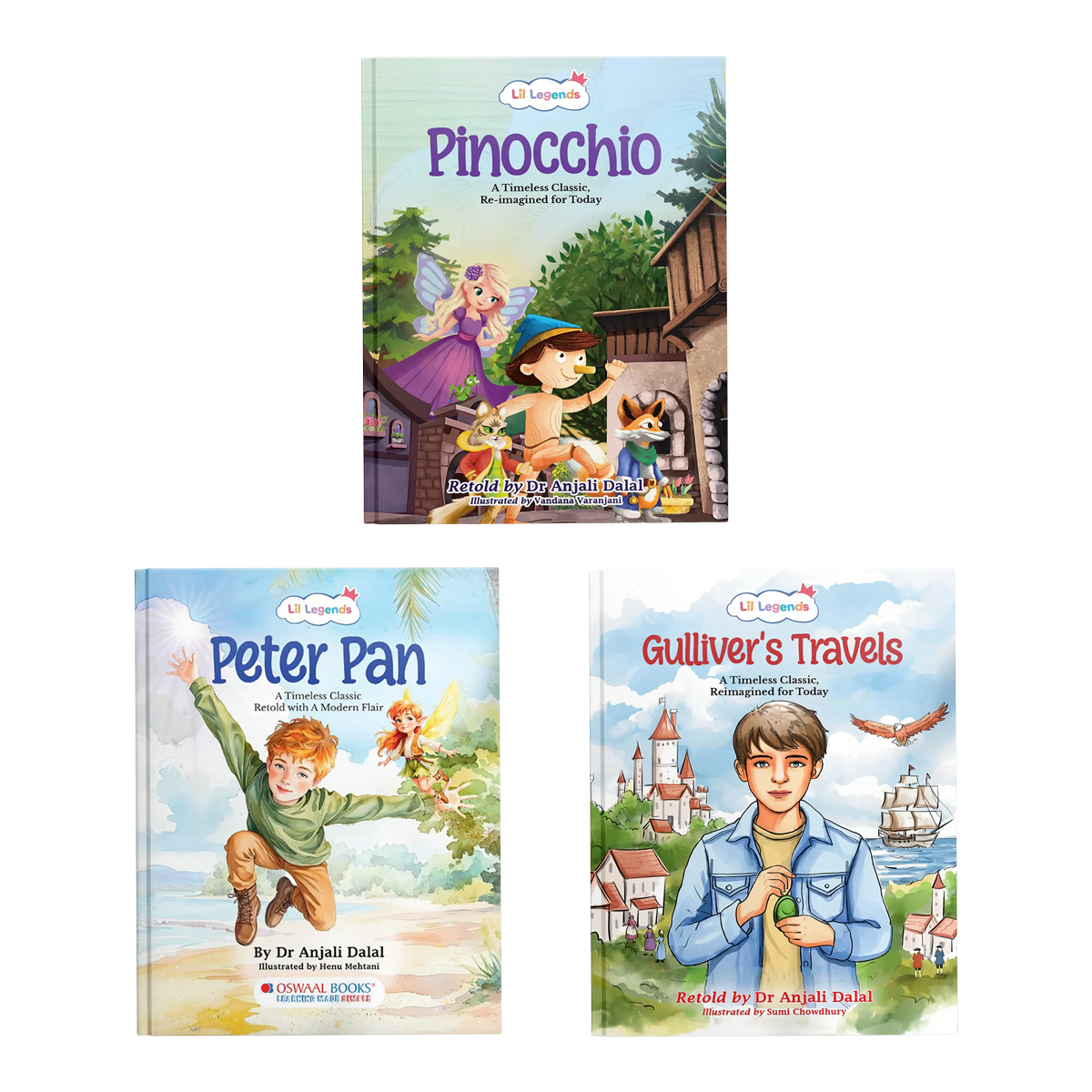 Lil Legends Re-Imagined Classics: Illustrated Classic Story Books for Kids – Pinocchio, Peter Pan & Gulliver’s Travels (Set of 3) 