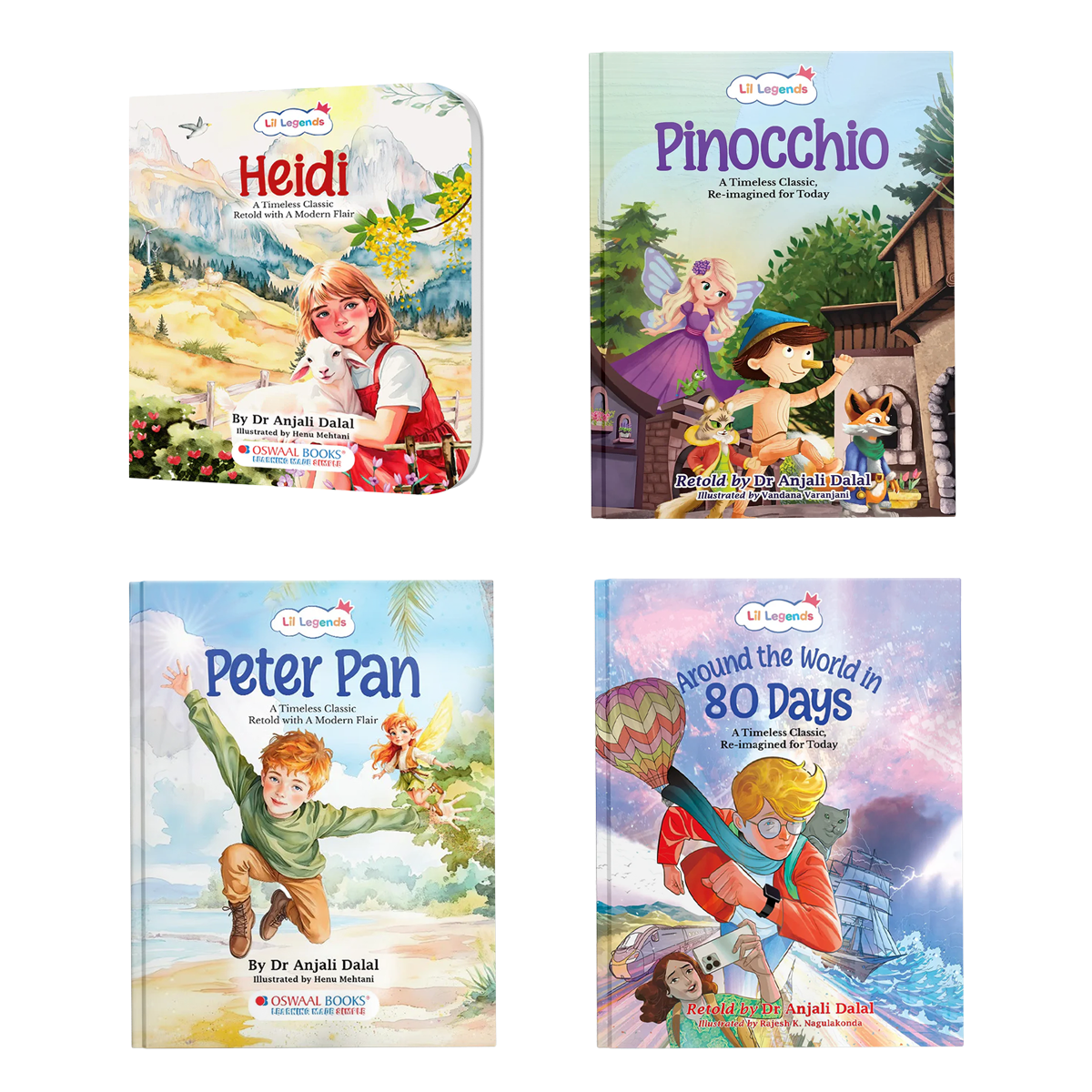 Lil Legends Re-Imagined Classics: Illustrated Classic Story Books for Kids – Heidi, Pinocchio, Peter Pan & Around the World in 80 Days (Set of 4) 