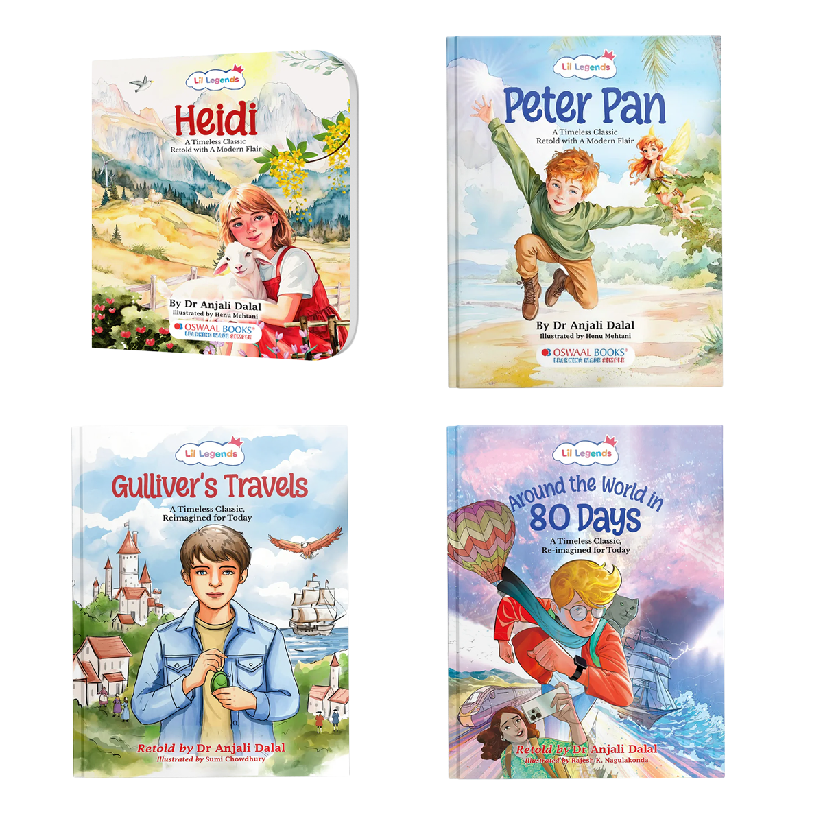 Lil Legends Re-Imagined Classics: Illustrated Classic Story Books for Kids – Heidi, Peter Pan, Gulliver’s Travels & Around the World in 80 Days (Set of 4) 
