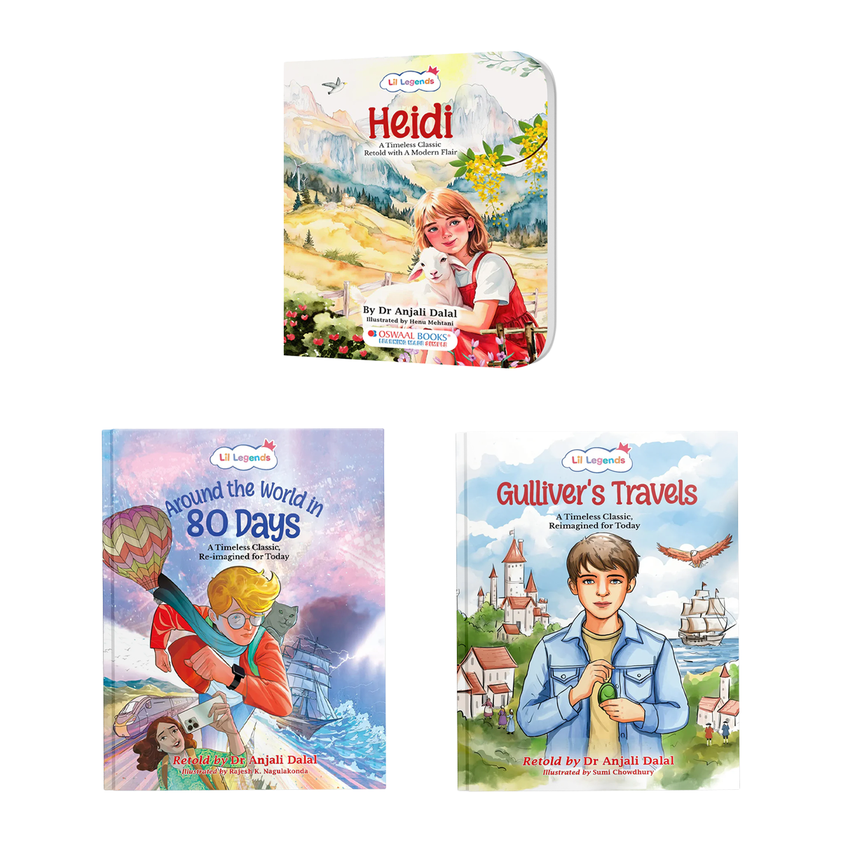 Lil Legends Re-Imagined Classics: Illustrated Classic Story Books for Kids – Heidi, Gulliver’s Travels & Around the World in 80 Days (Set of 3) 