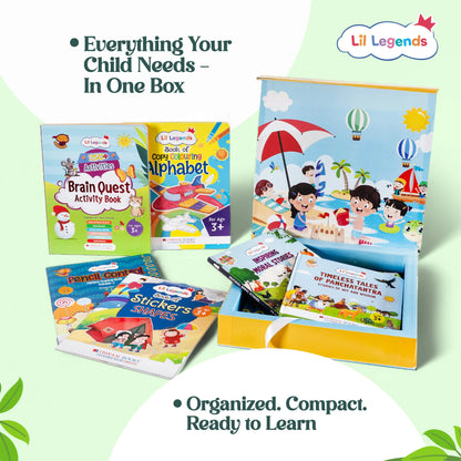 Lil Legends The Busy Brain Box for Kids - 11-in-1 Learning Kit | Gift Box Set | Sticker Books, Moral Stories, Pencil Control, Colouring and Activity Books | Age 3+