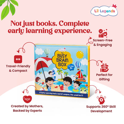 Lil Legends The Busy Brain Box for Kids - 11-in-1 Learning Kit | Gift Box Set | Sticker Books, Moral Stories, Pencil Control, Colouring and Activity Books | Age 3+