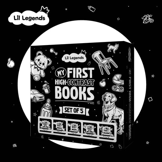 Oswaal Lil Legends My First High-Contrast Books for Kids | Set of 5 Black & White Board Books | Animals, Food, Shapes, Objects & Things Around Us | Age 0–12 Months | Newborn