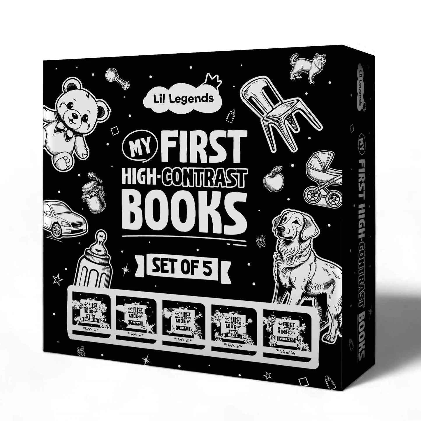 Lil Legends My First High Contrast Books Slipcase Set of 5 - Animals, Toys and More | Black and White Pictures, Visual Stimulation, Brain Development | For Infants/Toddlers | Age 0–12 Months 