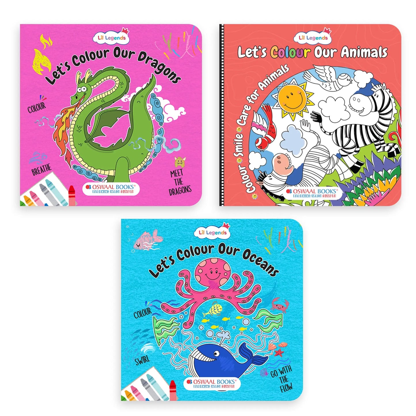 Lil Legends Let's Colour Set of 3 Colouring Books | Animals, Oceans and Dragons | Travel-Friendly Hardboard Support | Boosts Focus and Creativity | For UKG/Primary | Age 4+ 