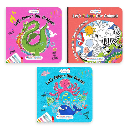 Lil Legends Let's Colour Set of 3 Colouring Books | Animals, Oceans and Dragons | Travel-Friendly Hardboard Support | Boosts Focus and Creativity | For UKG/Primary | Age 4+ 
