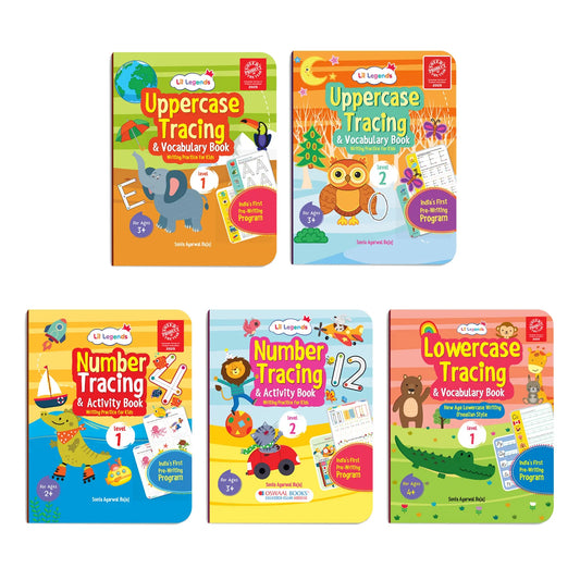 Lil Legends Complete Print Writing Pack | Set of 5 Books | Uppercase, Lowercase A-Z and Number Tracing 0-9 | India's First Pre-Writing Programme | Nursery/LKG/UKG | Age 2-6 