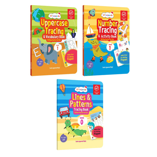 Lil Legends Early Writing Readiness | Set of 3 Books | Lines and Patterns + Number Tracing + Uppercase Tracing and Vocabulary | India's First Pre-Writing Programme | Age 2-5 