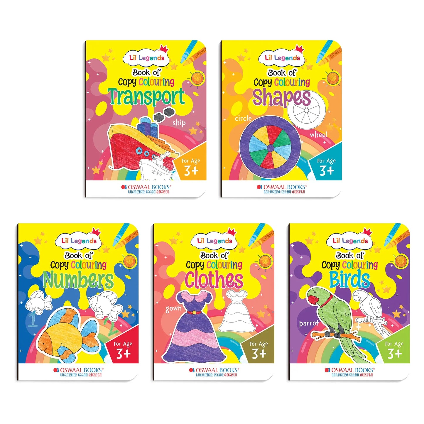 Lil Legends Books of Copy Colouring Set of 5 Books for Kids | Transport, Shapes, Numbers, Clothes and Birds | Fun Activities and Vocabulary Booster | For LKG/UKG | Age 3+ 
